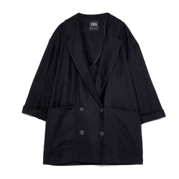 Zara NWT Oversized Linen Blend Blazer Black S M - Picture 2 of 9